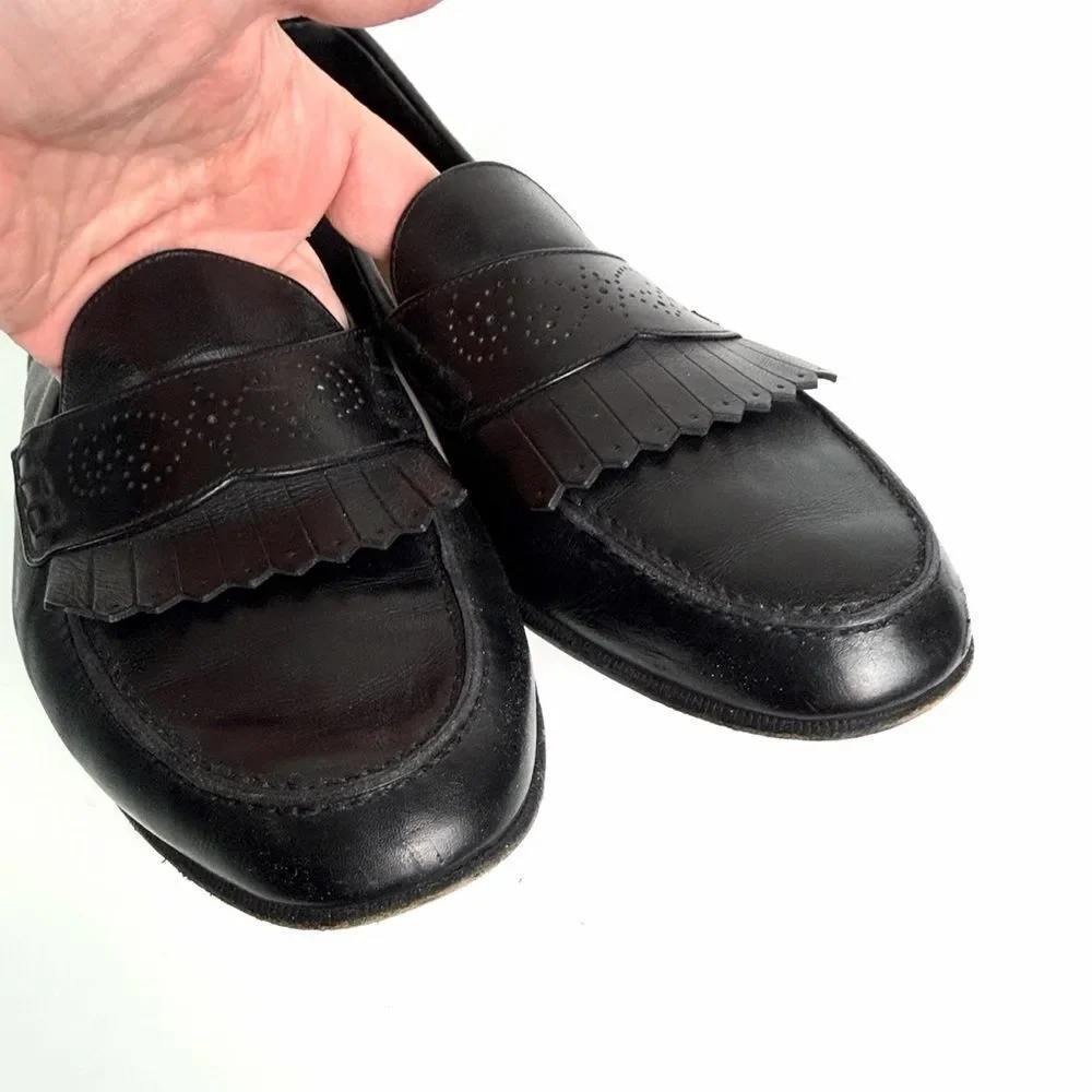Salvatore Ferragamo Black Leather Kiltie Fringe Penny Loafers Italy Men's 11